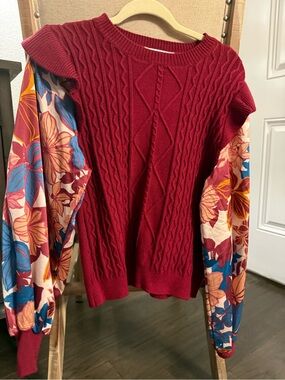 Impressions Red Cable Knit Sweater with Floral Balloon Sleeves